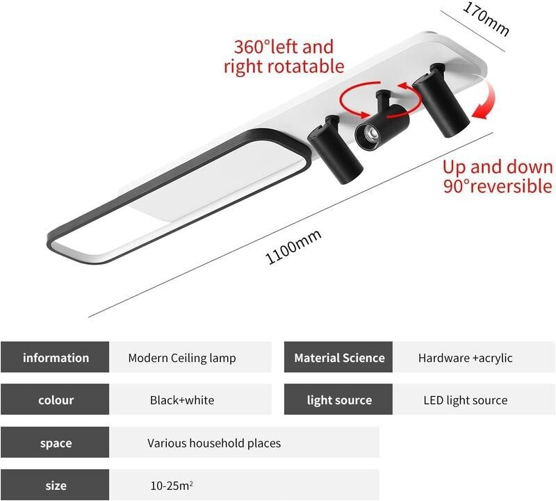 Modern LED Ceiling Light 3-Way Track Spotlight Dimmable 55W Black Fixture