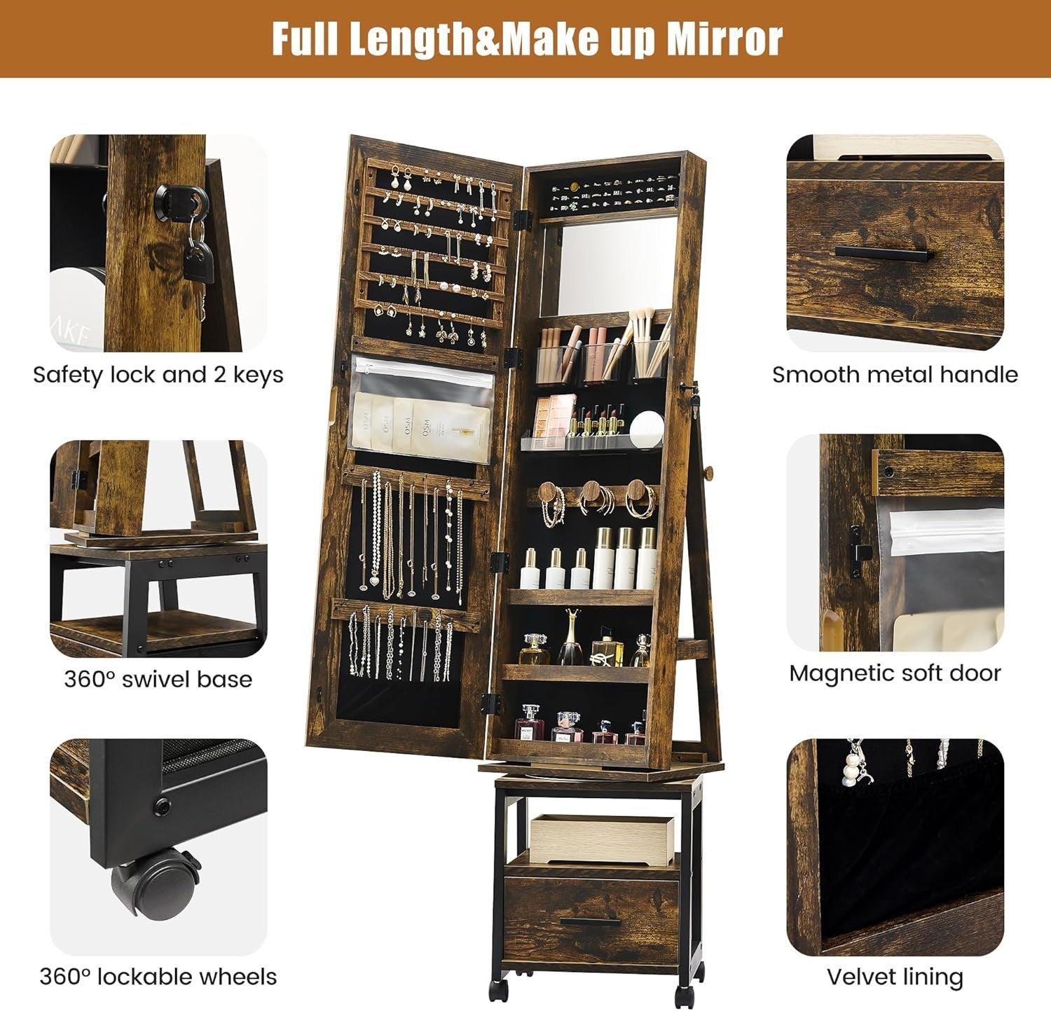 Rustic Brown 360° Rotating Jewellery Cabinet Full Length Mirror Lockable