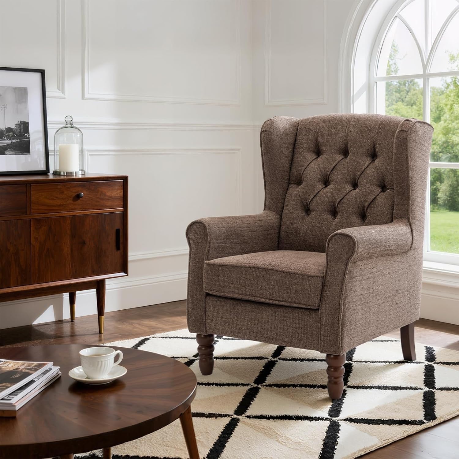Mid‑Century Modern Wingback Accent Chair – Brown Upholstered Armchair