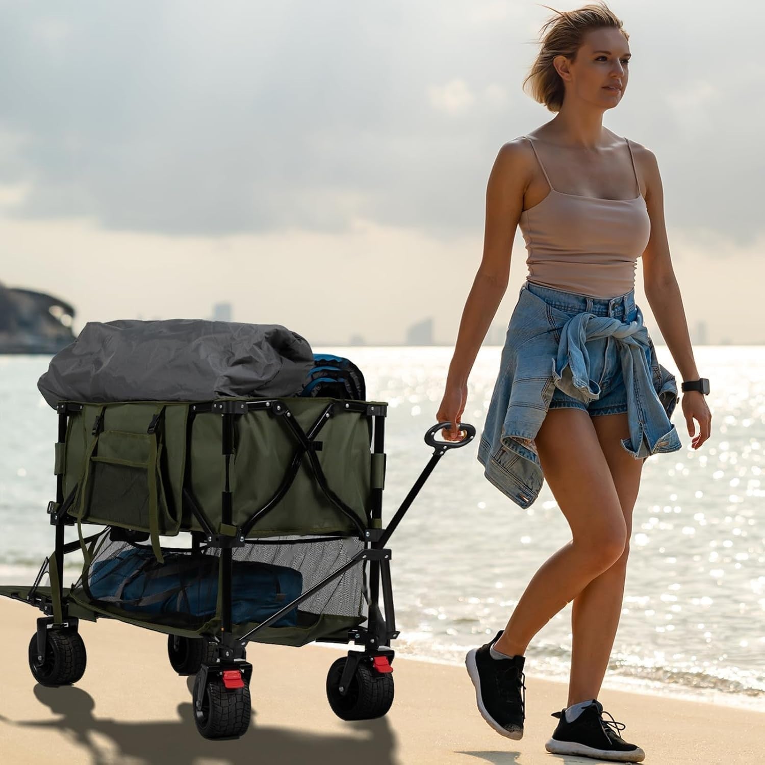 Green 400L Double Decker Folding Wagon 200kg All Terrain Festival Camping Cart