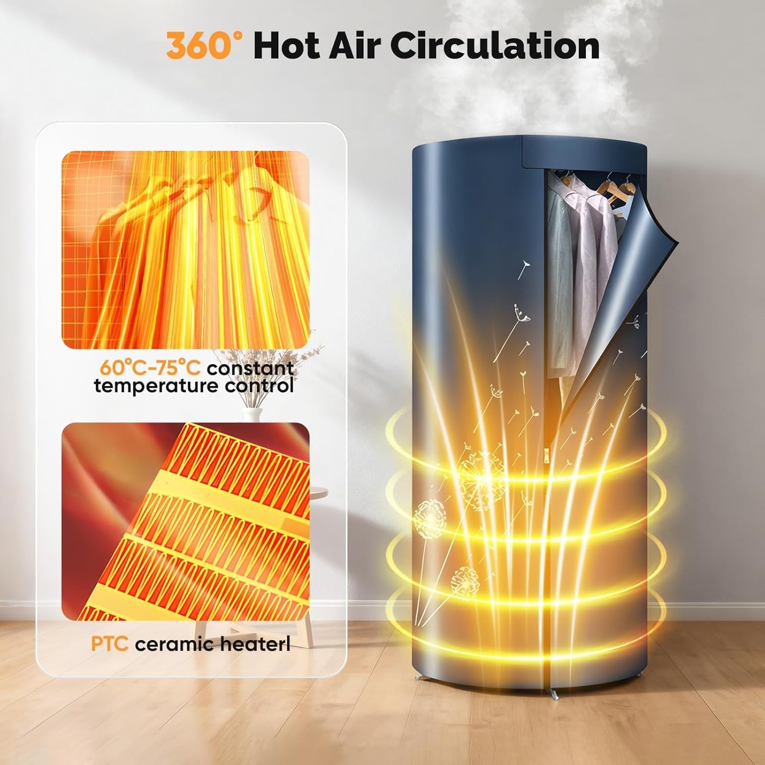 1000W Heated Clothes Airer with Cover Indoor Electric Dryer 8kg Timer 360 Air