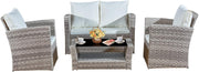 4-Piece Rattan Garden Set Grey Cushioned Chairs & Glass Table Patio