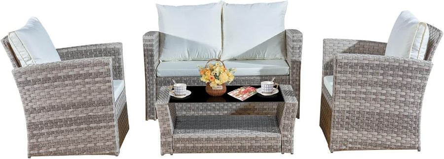 4-Piece Rattan Garden Set Grey Cushioned Chairs & Glass Table Patio