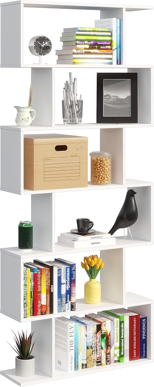 White S-Shape 6 Tier Bookcase Modern Display Shelf Unit Free Standing Storage