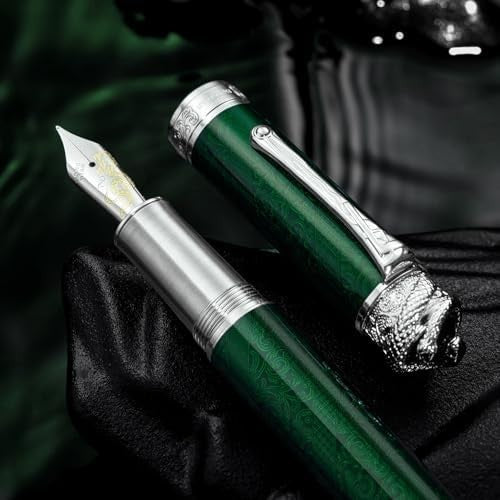 Emerald Green Piston Fountain Pen Extra Fine Nib Snake Engraved Gift Set