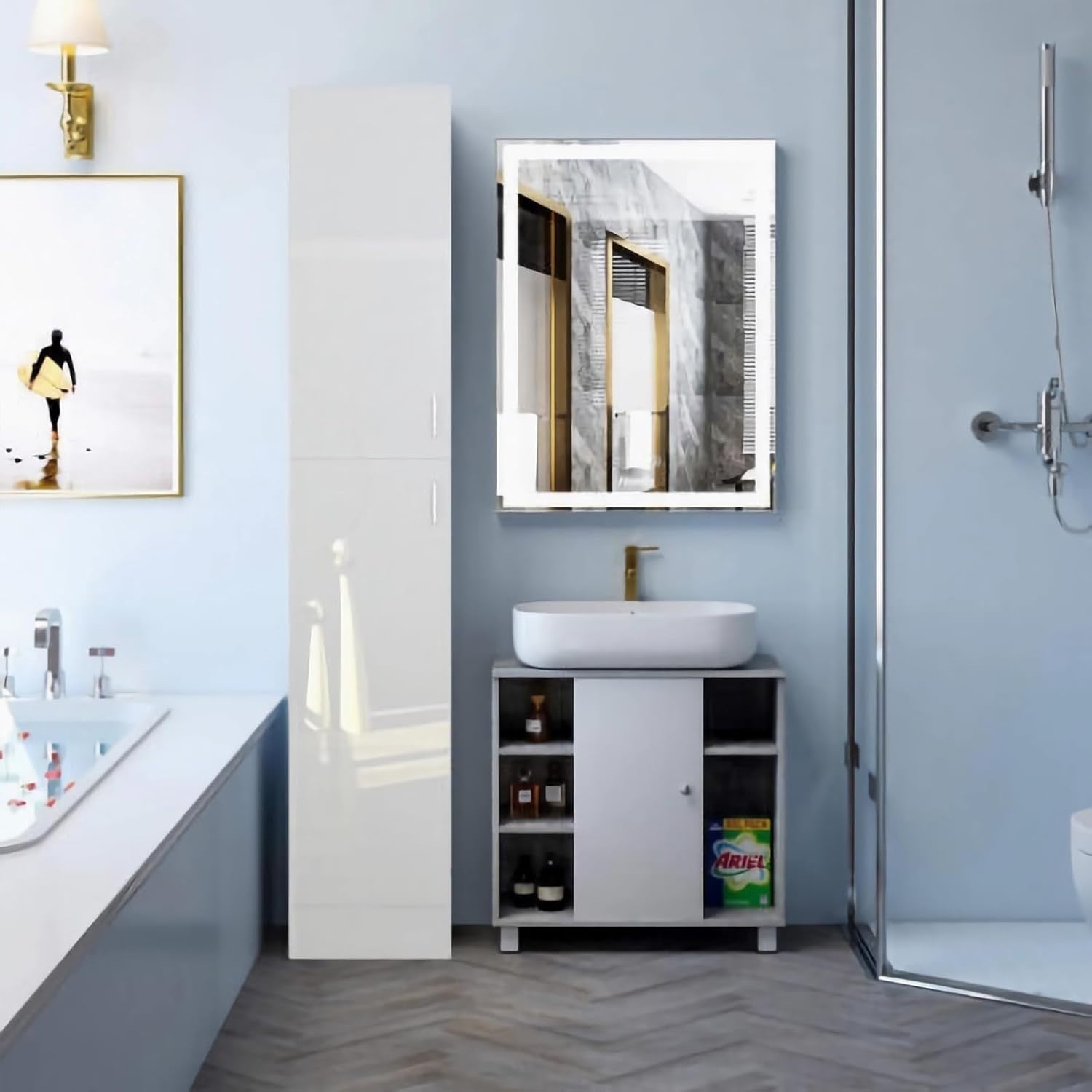 Tall White Bathroom Storage Cabinet with Double Doors & 4 Shelves