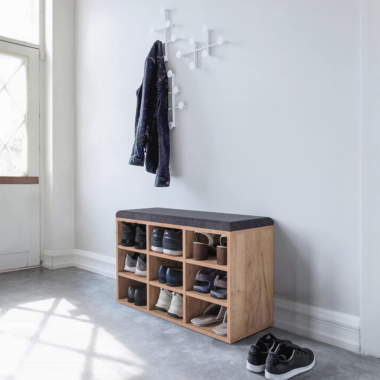 Honey Oak Grey Shoe Storage Bench with Cushion – Hallway Seat 80x30x50cm