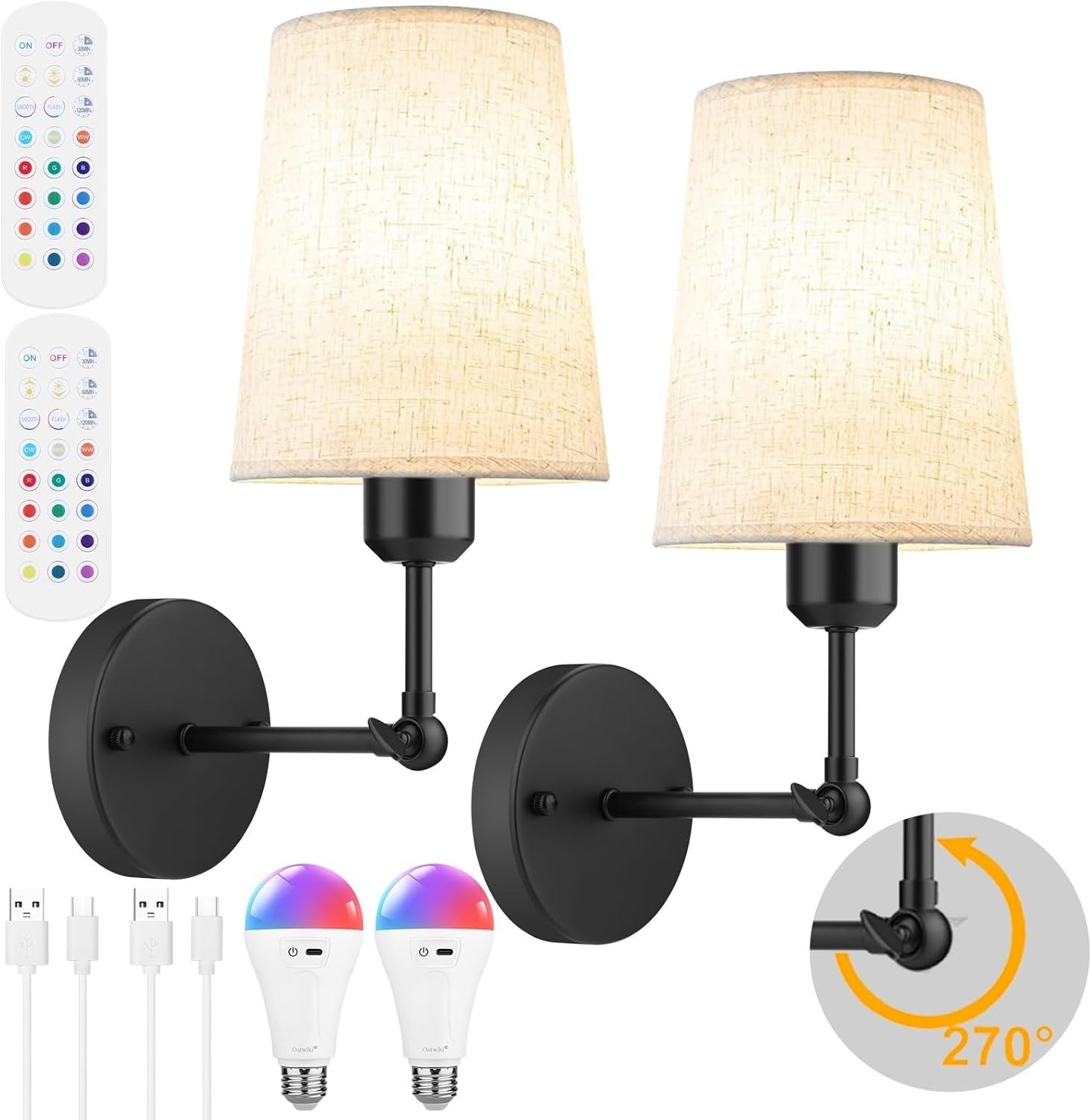 Set of 2 Black Wall Sconce Lights Battery Operated RGB Remote Rotating