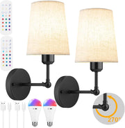 Set of 2 Black Wall Sconce Lights Battery Operated RGB Remote Rotating