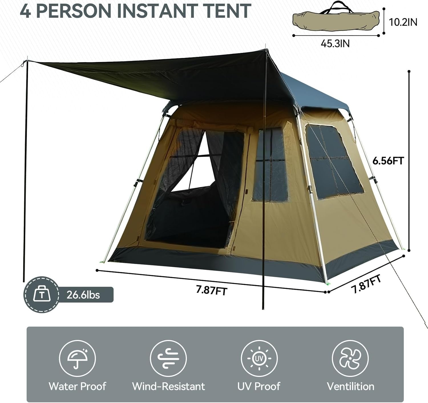 4 Person Pop Up Camping Tent Waterproof UV Dome w Sunshade