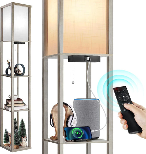 LED Shelf Floor Lamp Remote Dimmable USB Charging Standing Light Grey