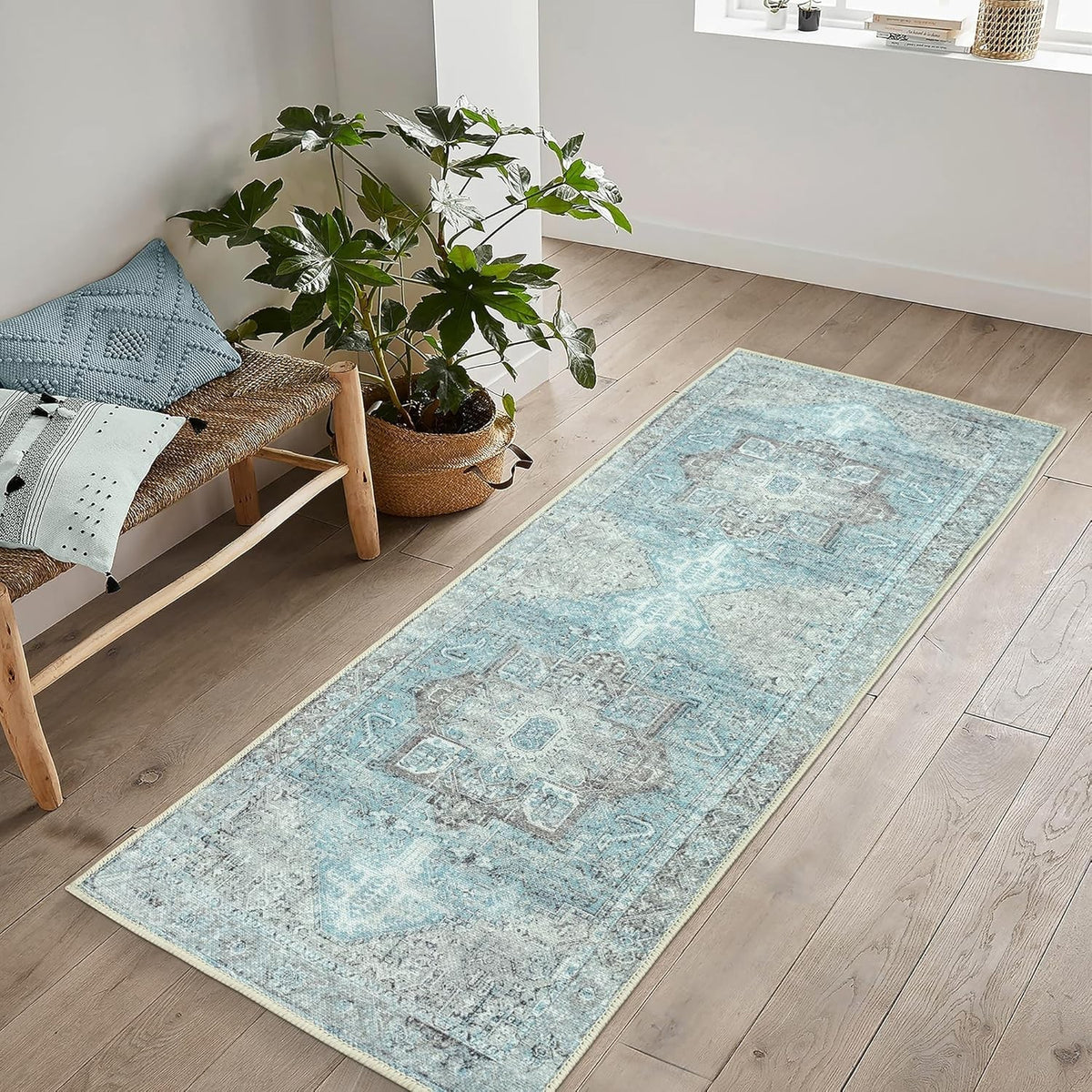 Washable Runner Rug 80x150cm Light Blue Non-Slip Soft Hallway Kitchen Floor Mat