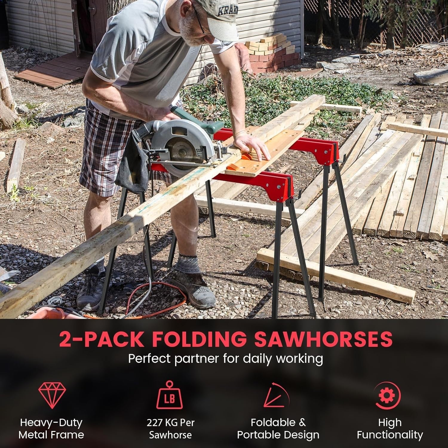 Folding Sawhorse Twin Pack Heavy Duty 454kg 2x4 Support Arms Red 92x48