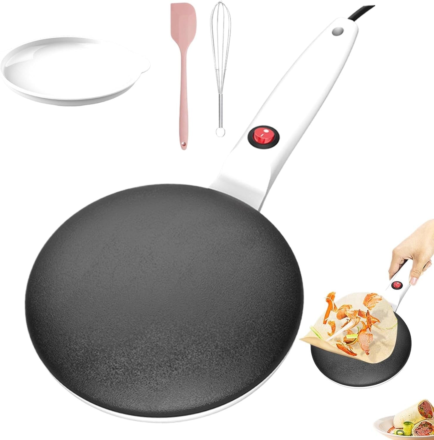 8" Electric Crepe Maker Non Stick Pancake Maker with Handle & Tray White