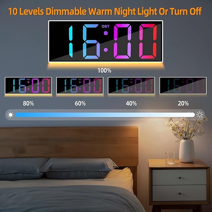 12" RGB LED Digital Wall Clock Large Display Auto-Dim Night Light Modern Bedroom