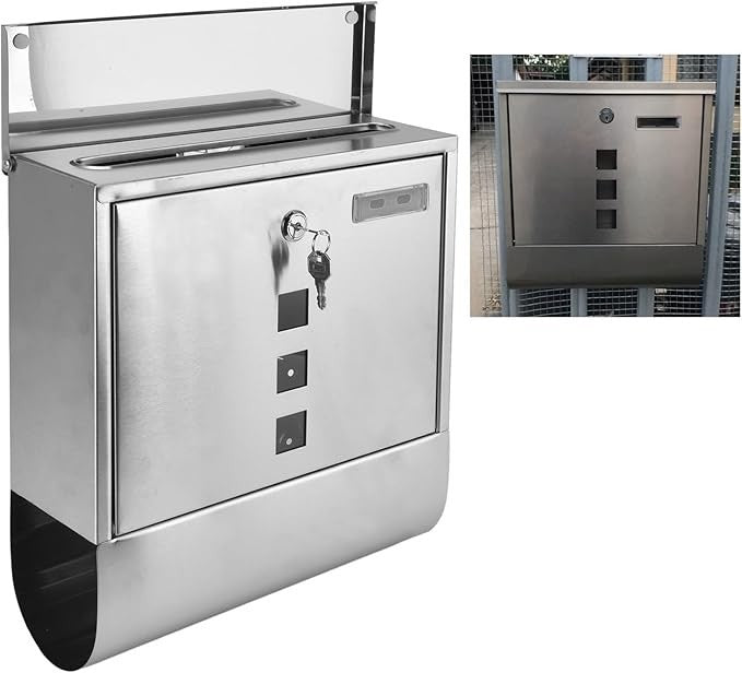 Locking Wall Mount Mailbox Stainless Steel Narrow Slot Secure Post Box w/ 2 Keys