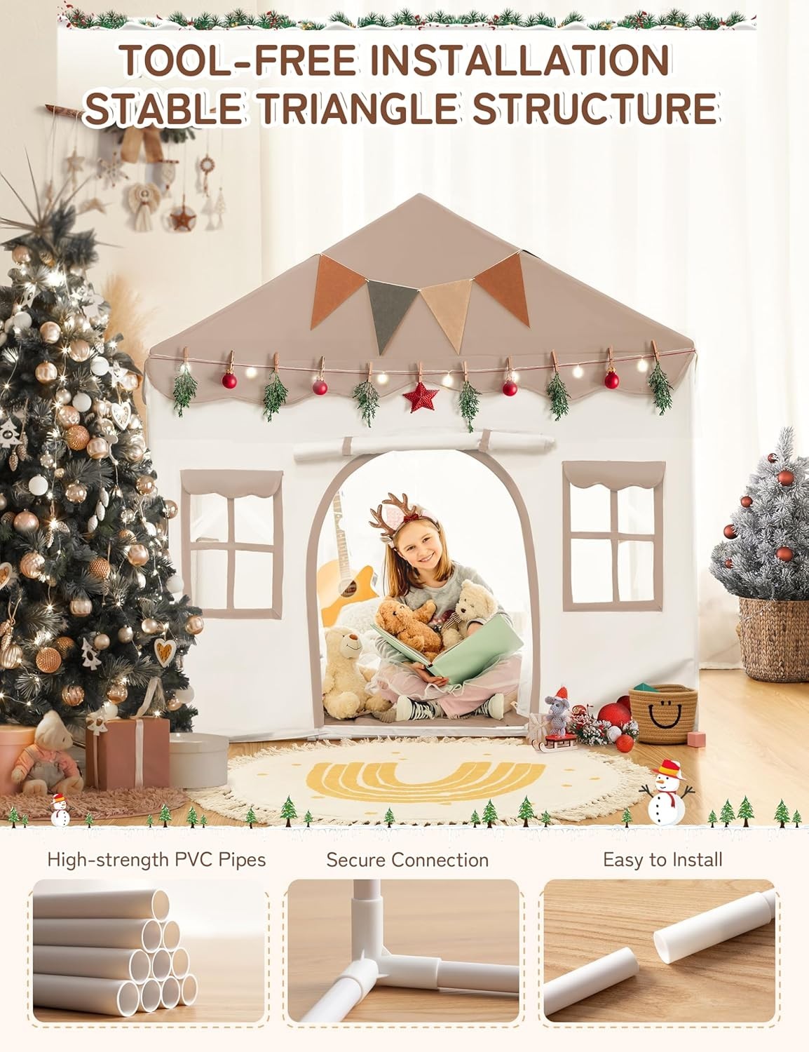 Kids Indoor Castle Tent Bed Canopy with Lights Padded Playhouse Brown