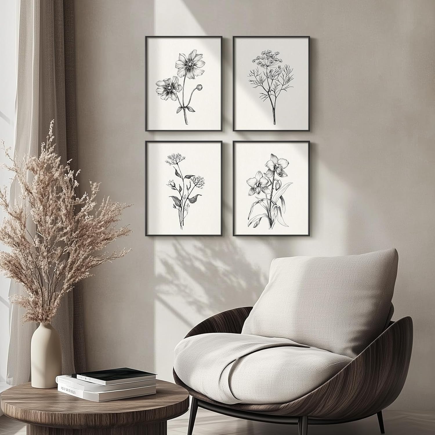4-Piece Black White Floral Canvas Wall Art Framed Modern Farmhouse Decor