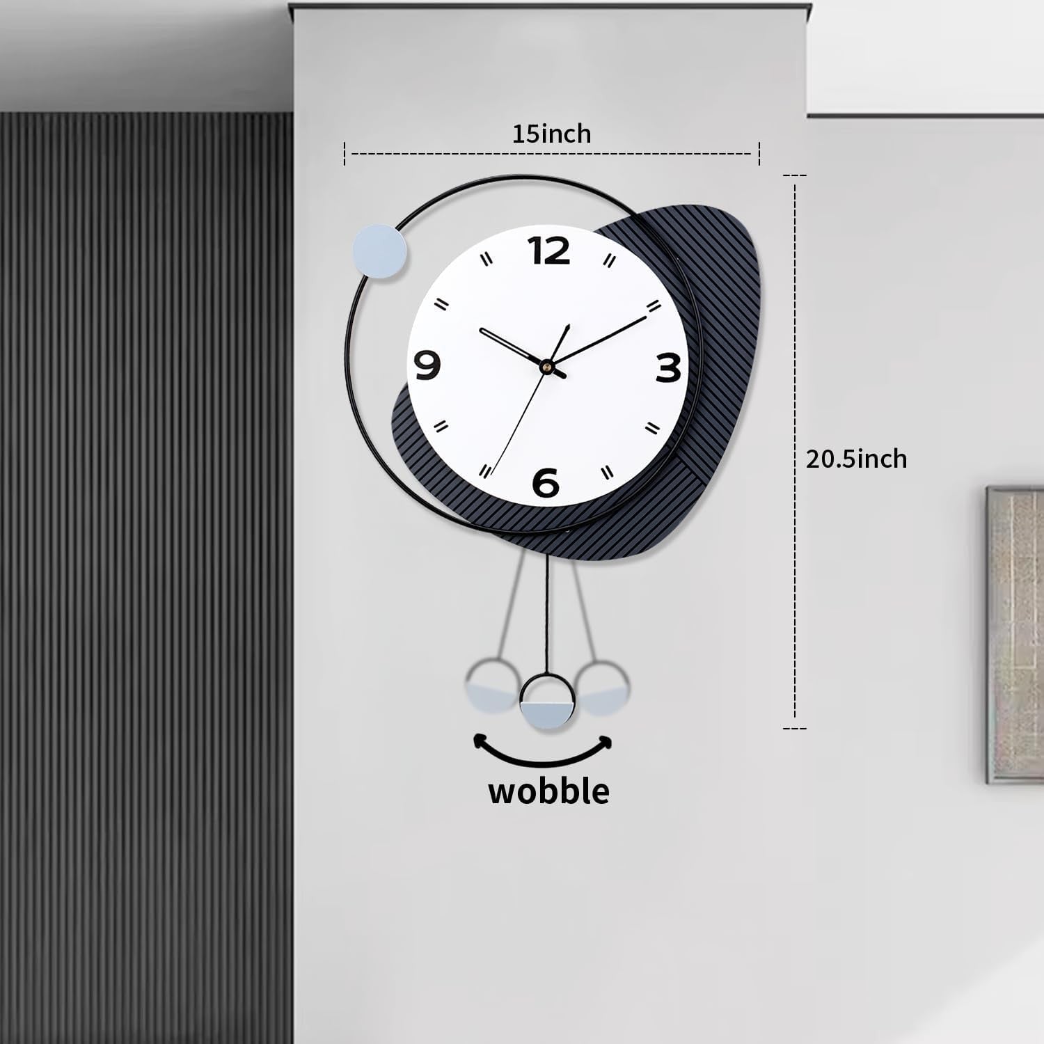 Modern Silent Wall Clock with Pendulum Large Quartz Black Home Decor 38x52cm