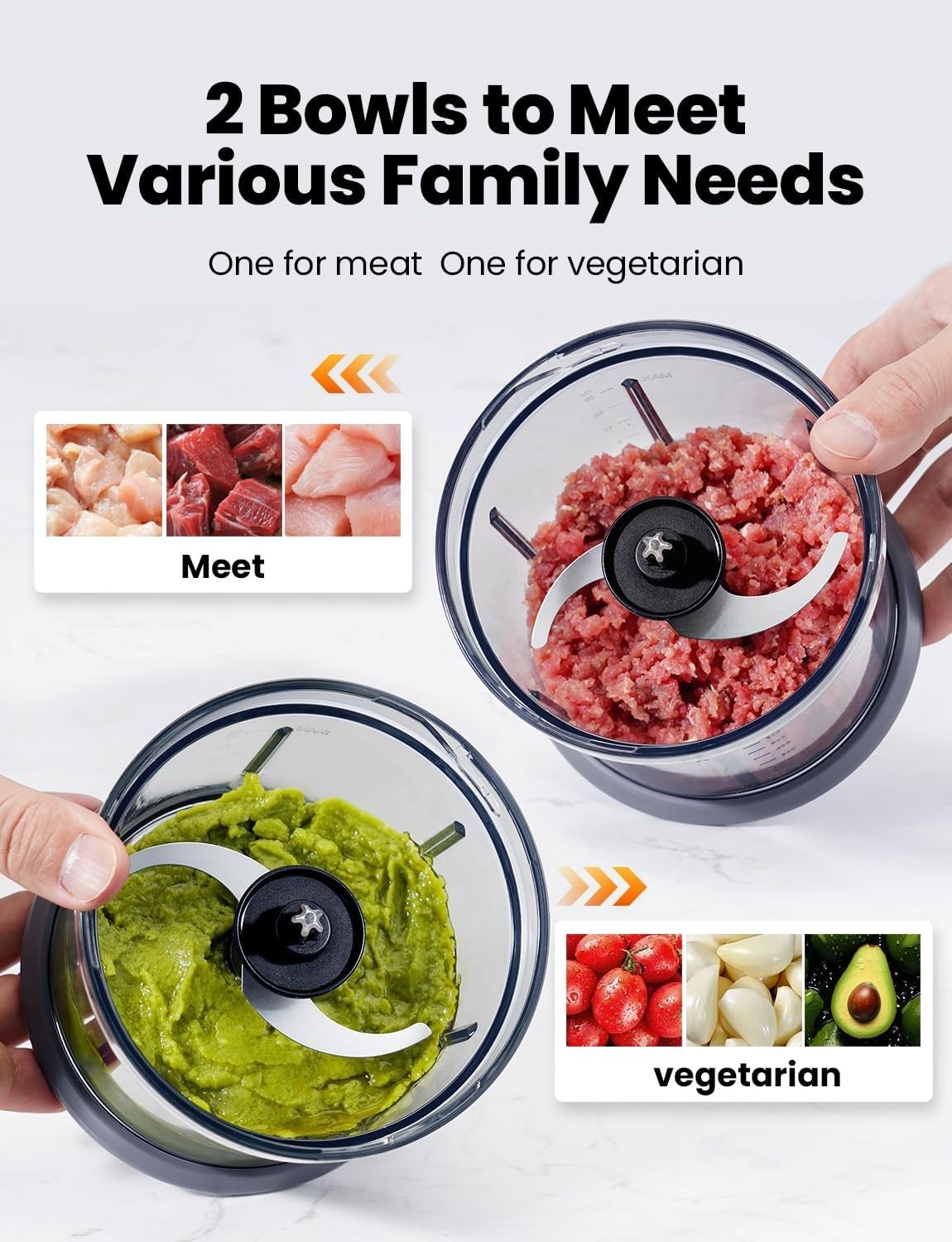 Mini Electric Food Chopper 2 Bowl 300W 2-Speed Meat Veg Onion Blender