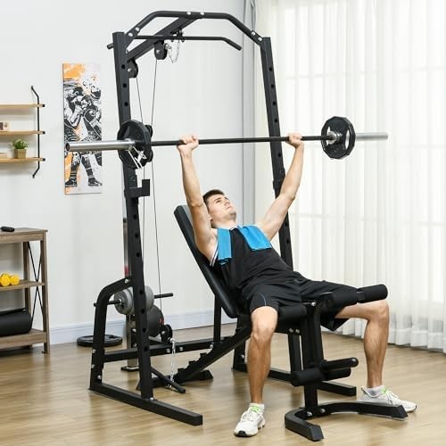 Smith Machine Cable Pulley System Adjustable Bench Home Gym Rack