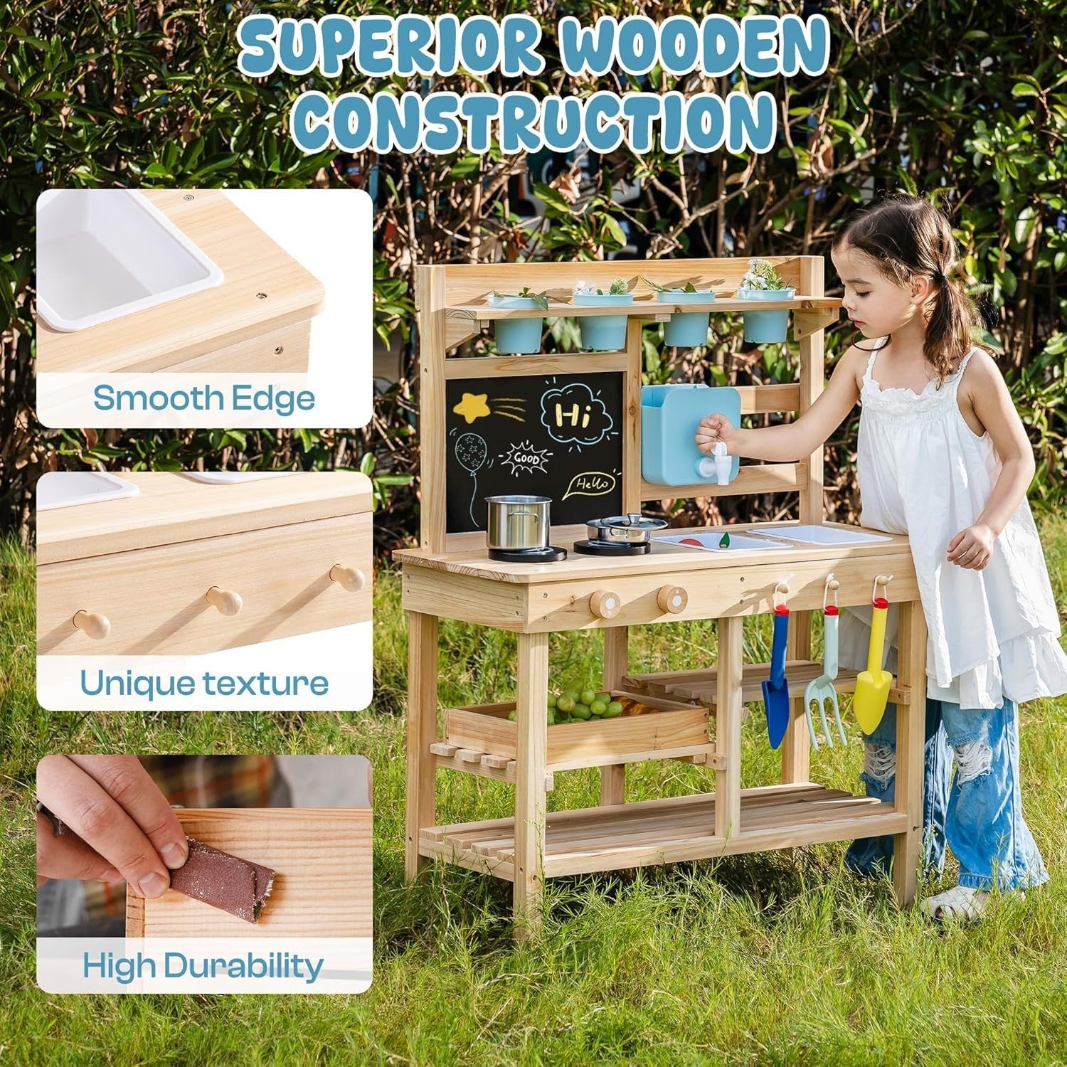 Outdoor Wooden Mud Kitchen Kids Playset Faucet Blackboard Garden Toy