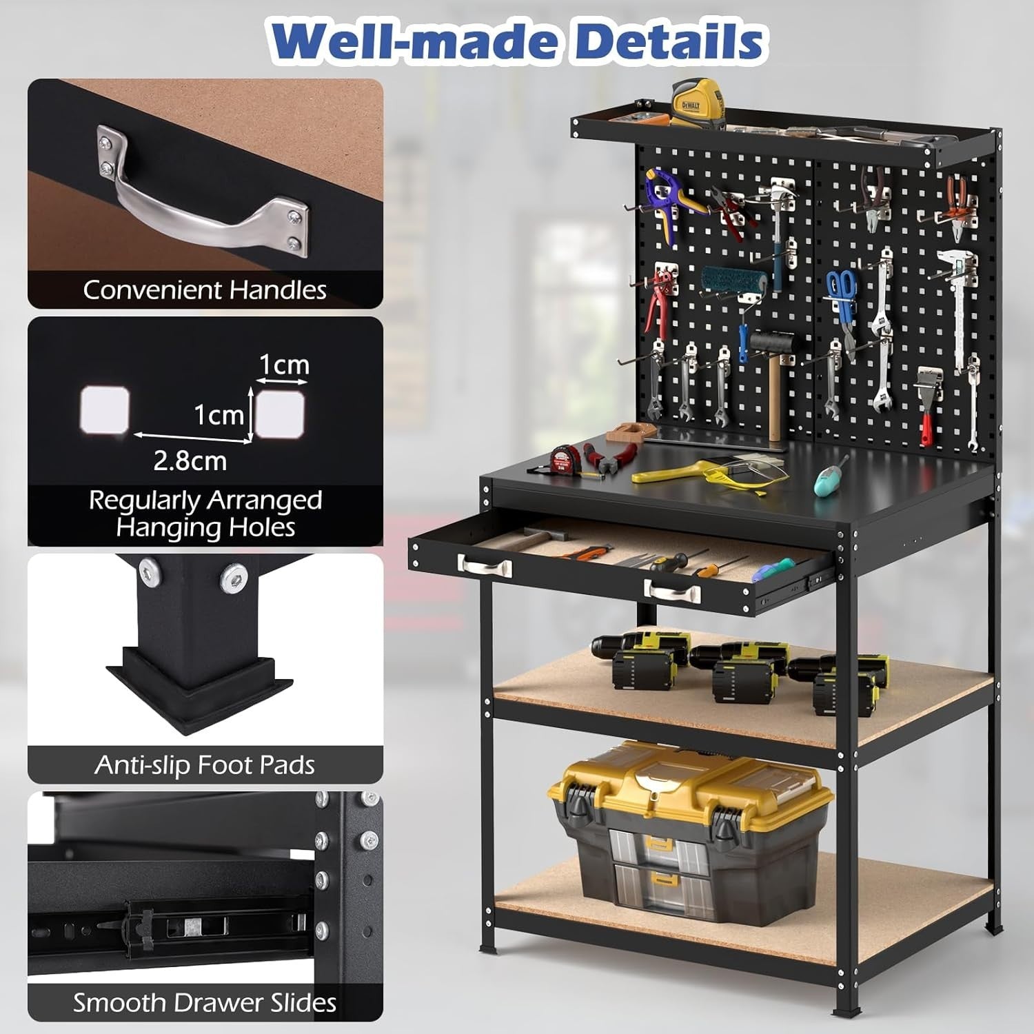 Heavy Duty Workbench 81x41x156cm with Pegboard Shelves Drawer 290kg Capacity