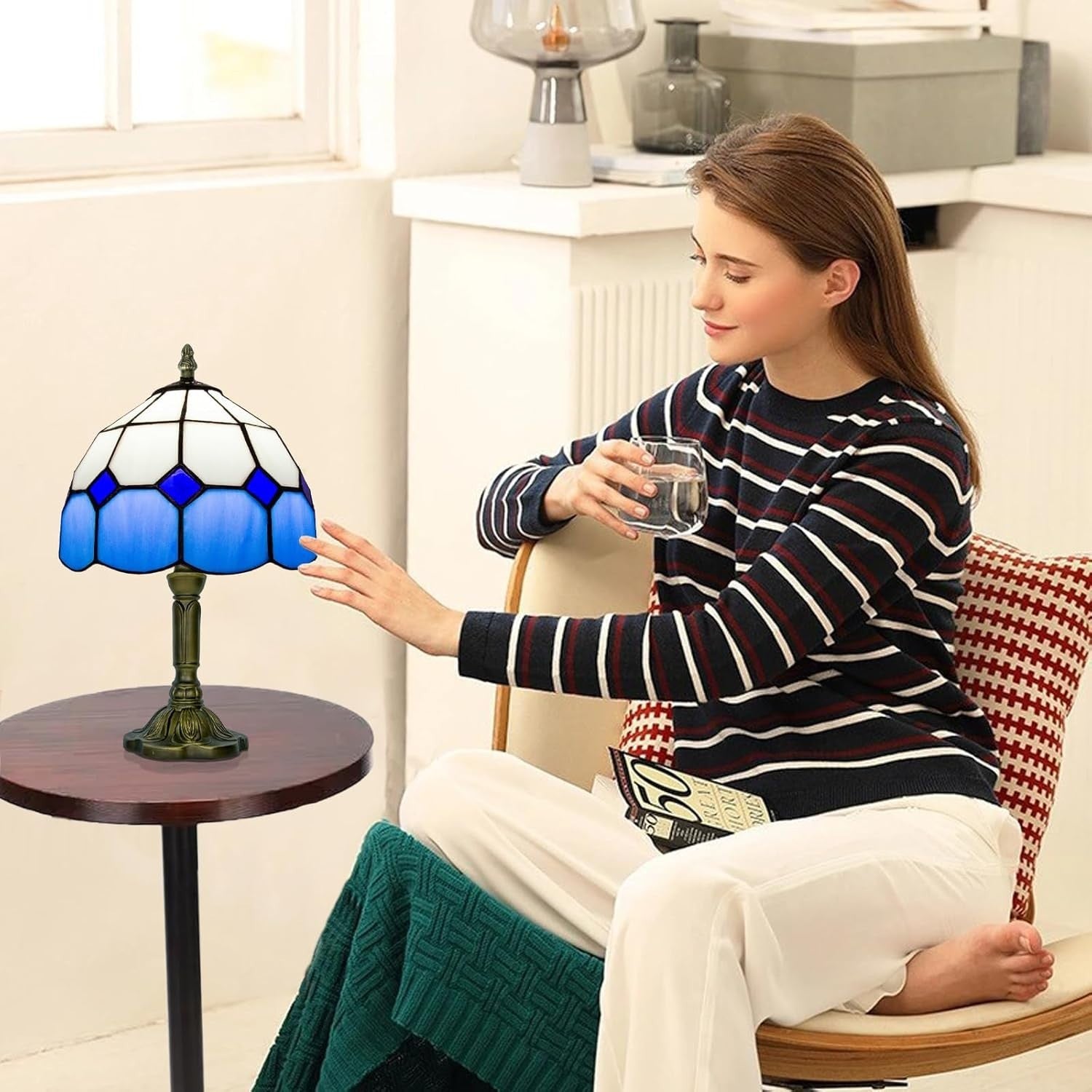Blue Tiffany Stained Glass Table Lamp, Small Art Deco Bedroom Nightstand Lamp