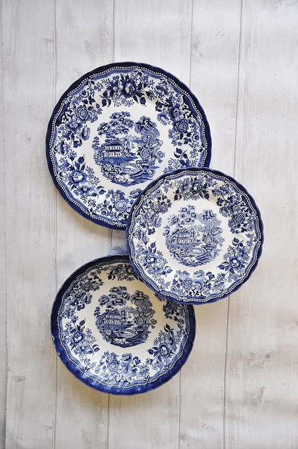12pc Blue White Dinnerware Set Classic Floral Plates Bowls Service for 4