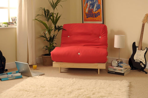 Small Single Wooden Futon Bed Chair 2ft6 Tufted Red Mattress Compact