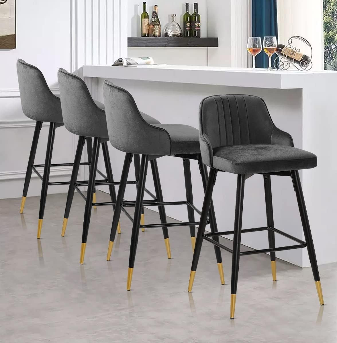 Grey Velvet Swivel Bar Stools Set of 4 – Kitchen Counter Chairs