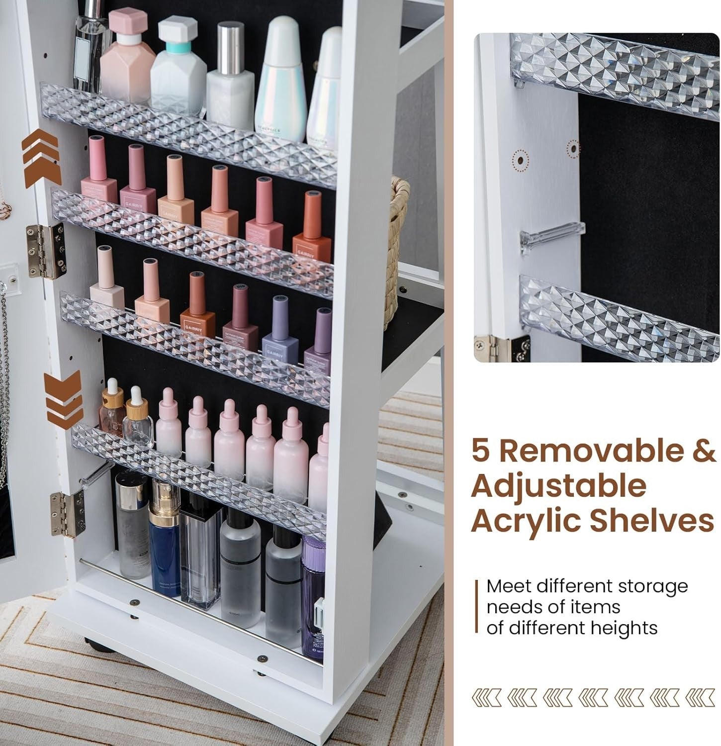 White 360° Rotating LED Jewellery Cabinet Lockable Mirror with Wheels