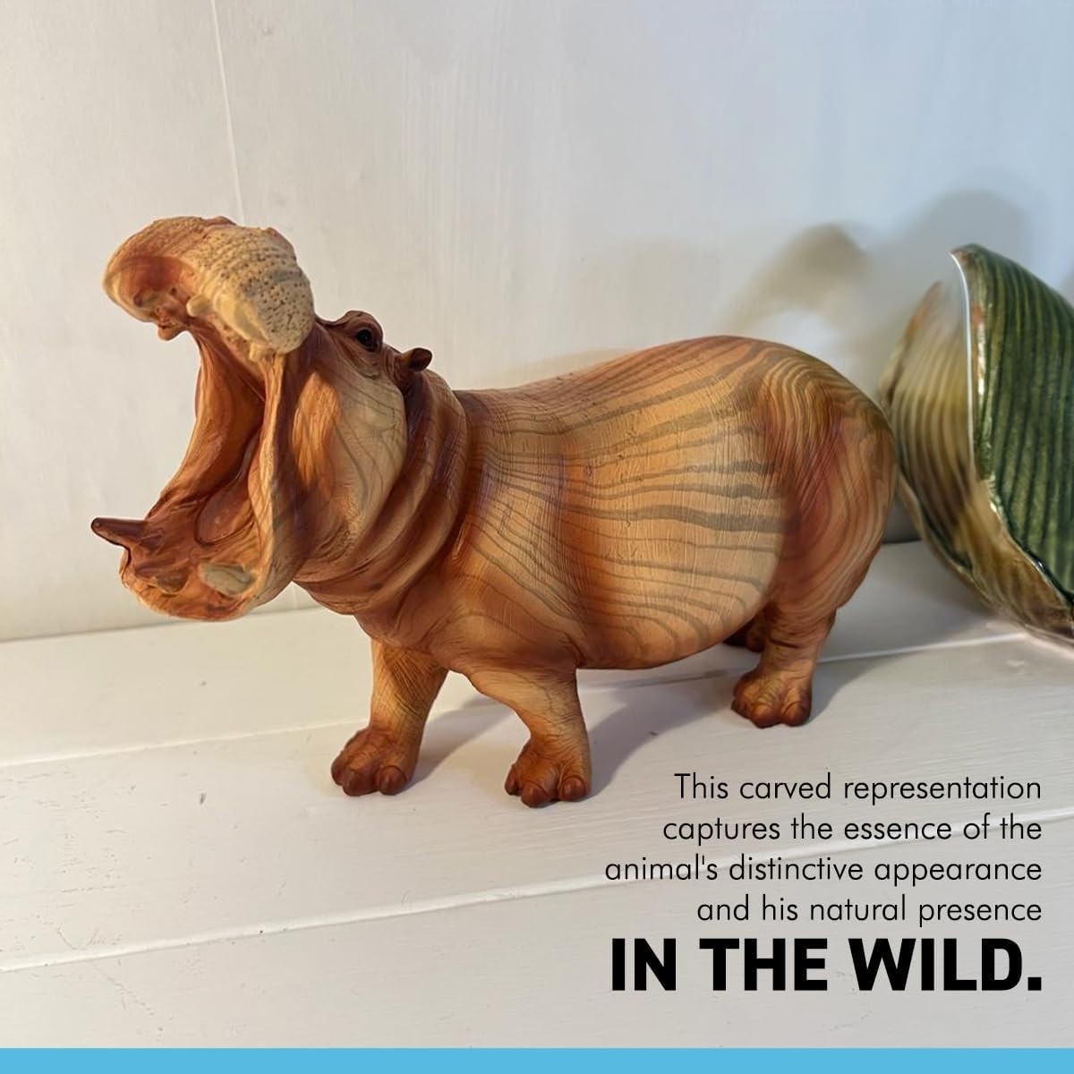 Wood-Effect Hippo Ornament 22cm | Open-Mouth Wildlife Sculpture | Rustic Animal