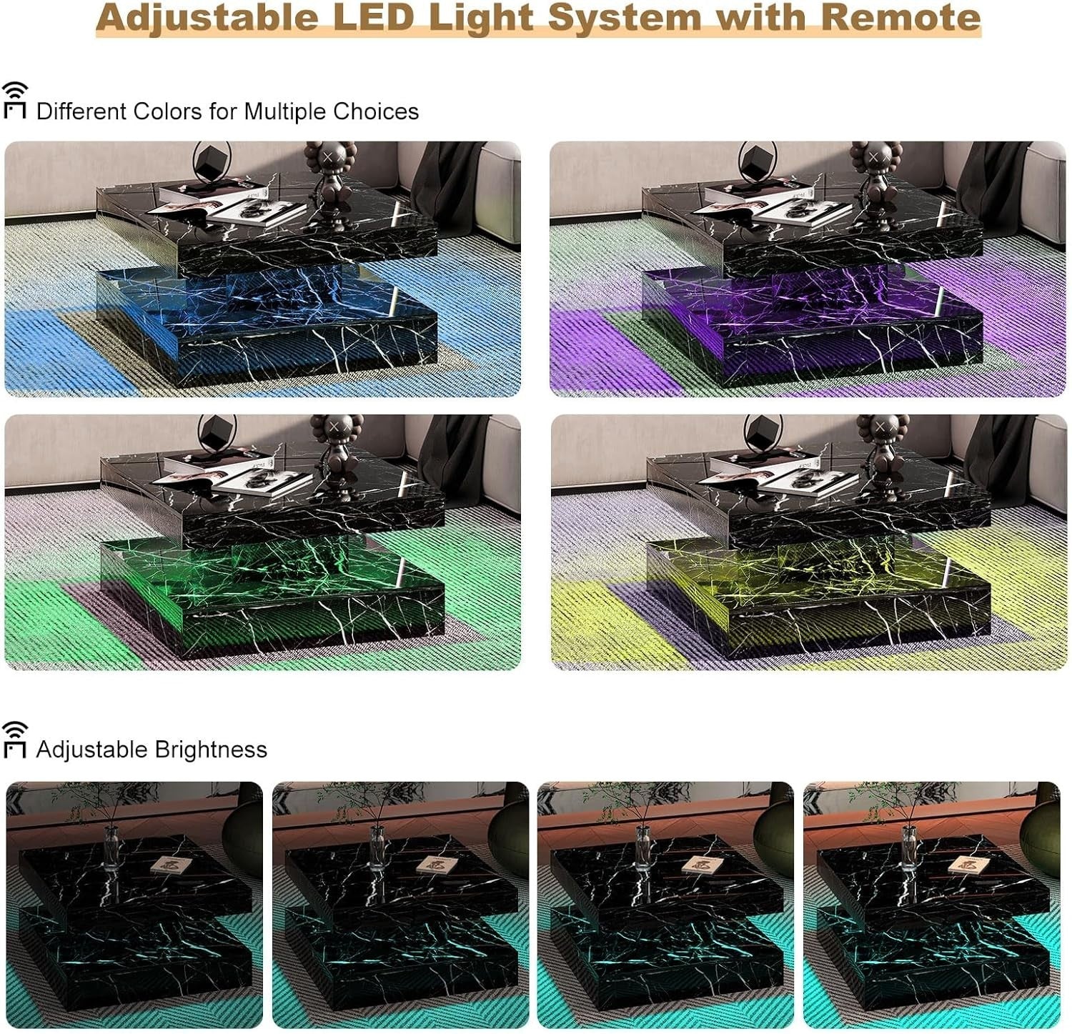 Black Marble LED Coffee Table with Storage, 2-Tier Square 78x78cm