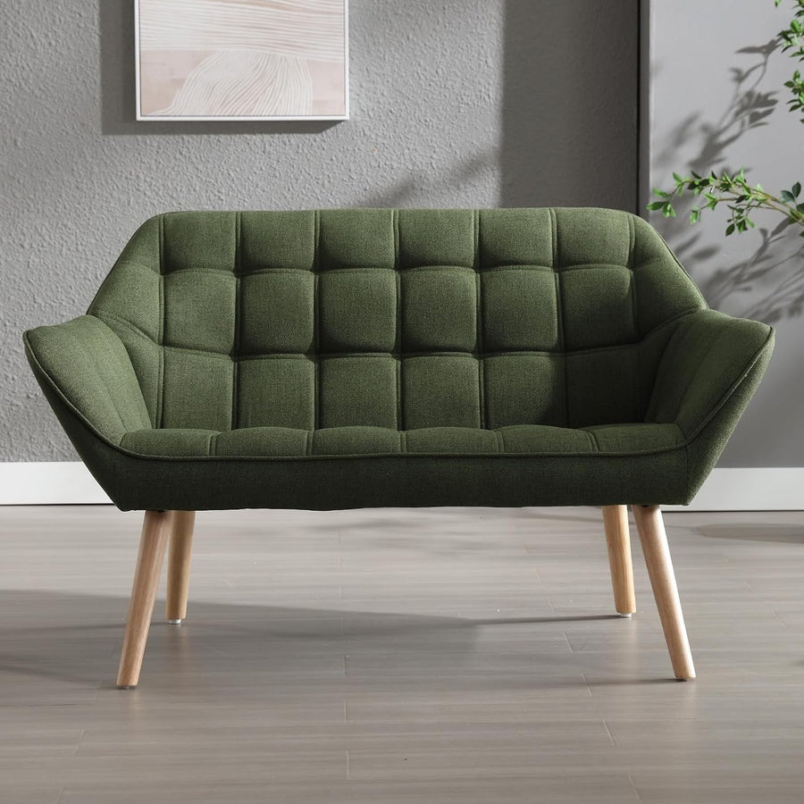 Green Linen 2 Seater Sofa Tub Chair Wooden Legs Small Space Loveseat