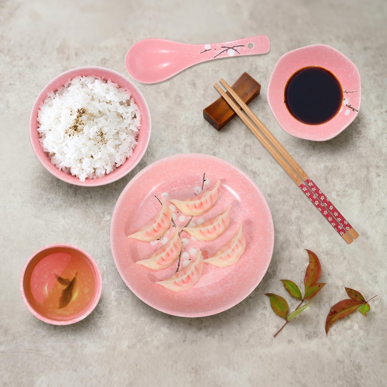 Japanese Style Ceramic Dinnerware Set Pink Bowl Plate Cup Spoon Chopsticks