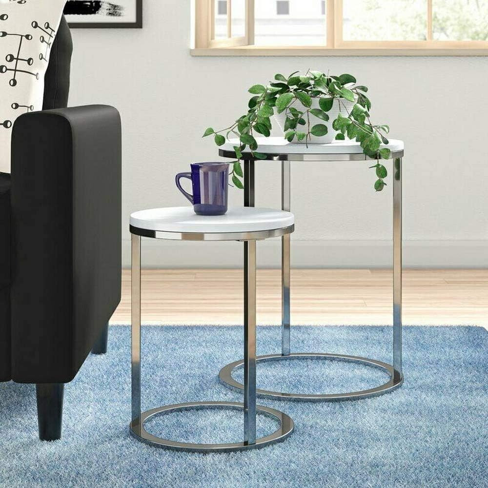 Space Saving Nesting Tables Set of 2 White Round Metal Frame End Side Coffee