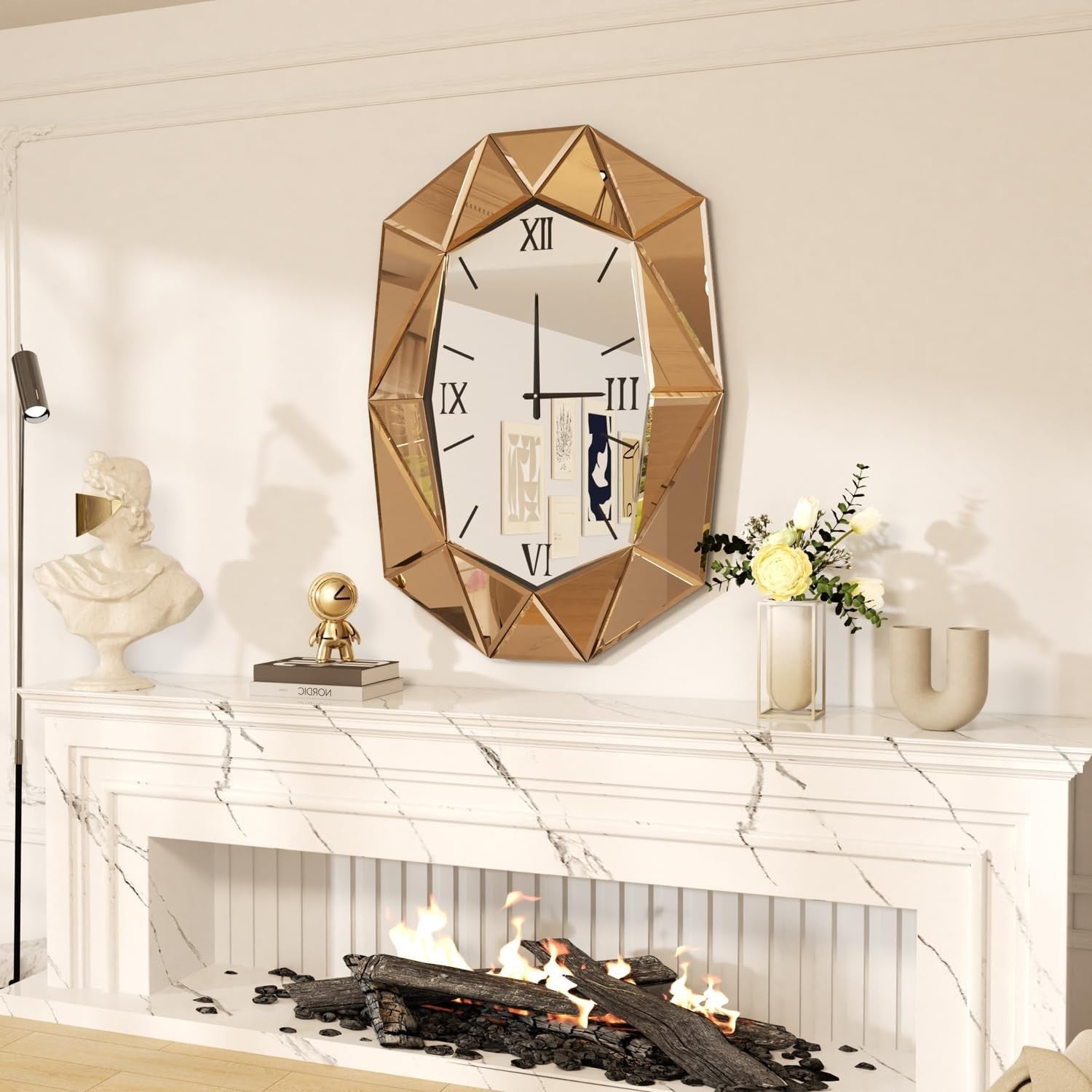 Beveled Glass Wall Clock Mirror with Roman Numerals 100x72cm Luxury Decor