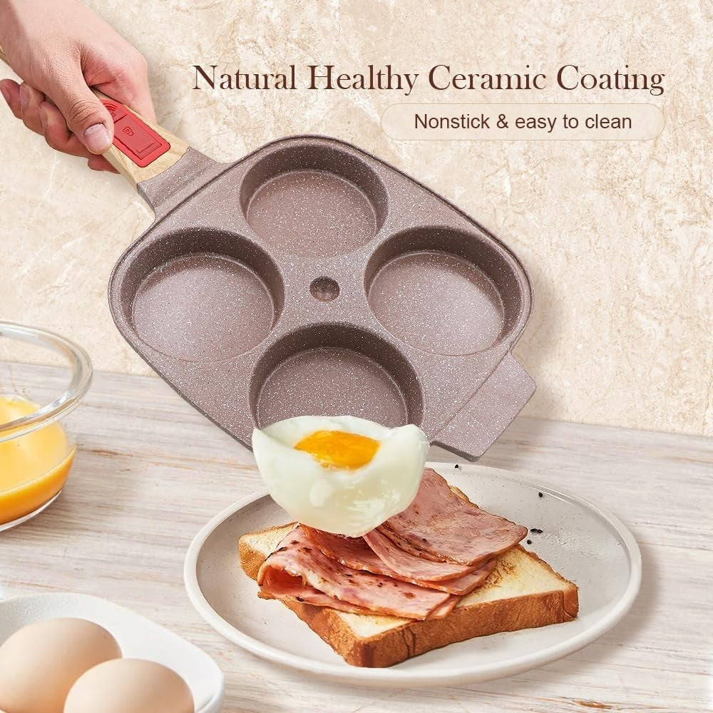 4-Cup Non-Stick Egg Pan Ceramic Pancake Skillet w/ Detachable Handle Brown
