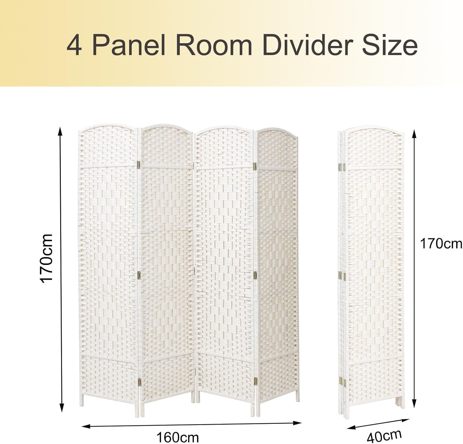 White 4 Panel Wicker Folding Room Divider Handwoven Privacy Screen 170cm