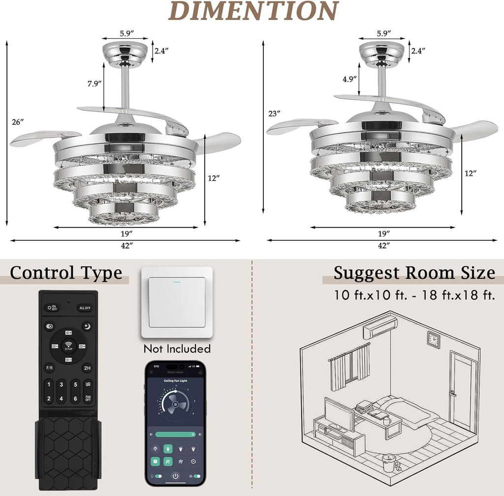 42" Crystal Ceiling Fan, 6 Speeds, Dimmable LED, Remote, Reversible