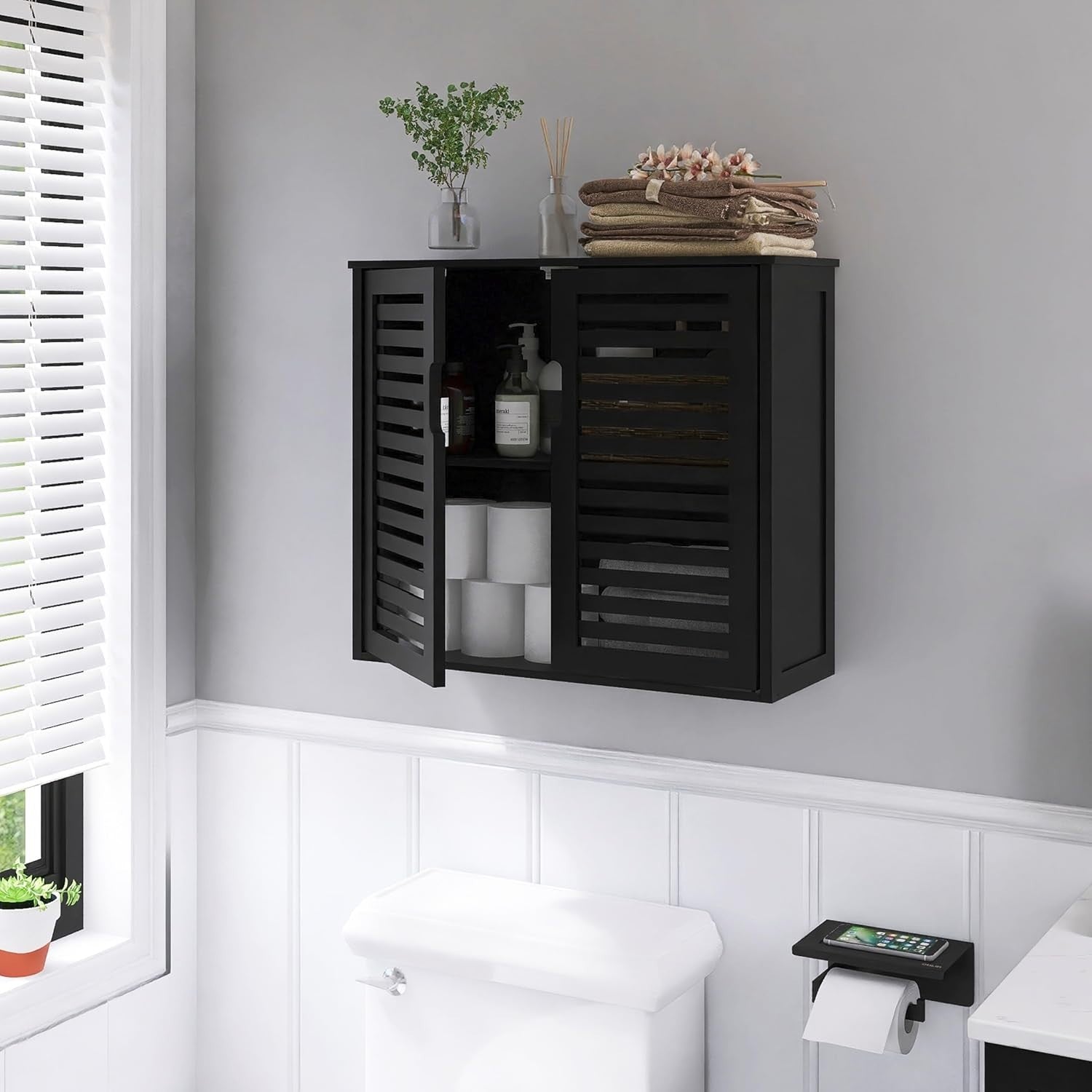 Black Bathroom Wall Cabinet Storage 2 Door Bamboo Unit Adjustable Shelf