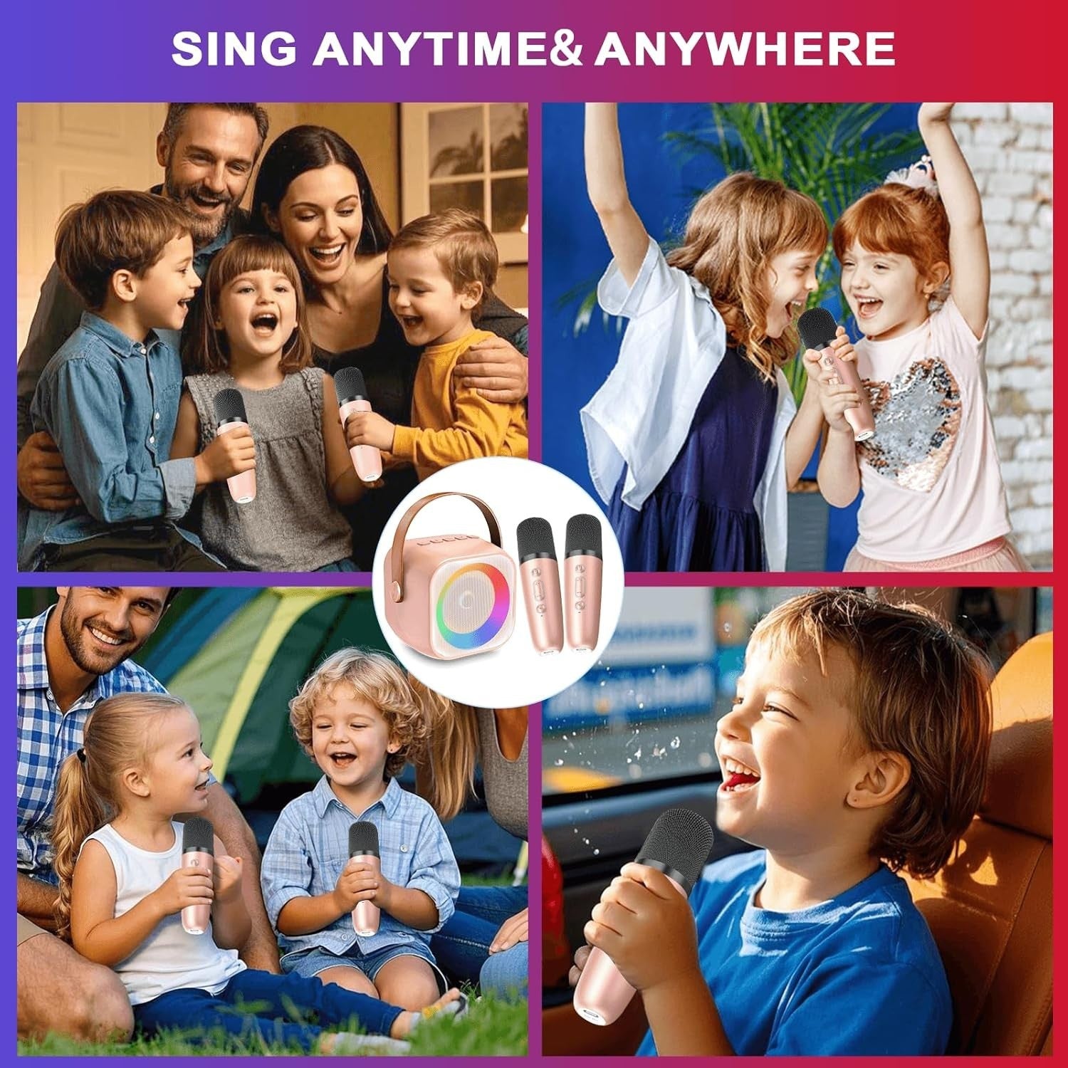 Kids Karaoke Machine Bluetooth 5.3 Speaker w/2 Mics Voice Changer LED Light