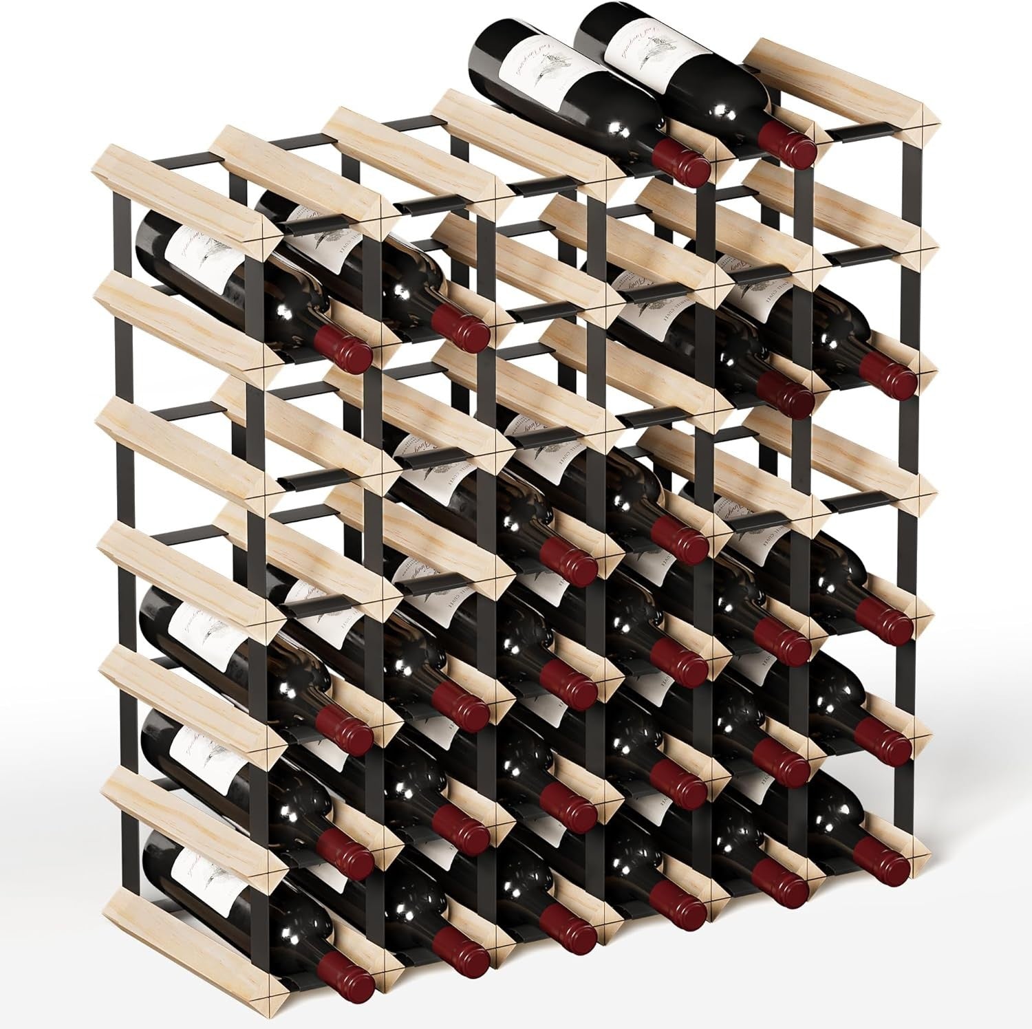42 Bottle Wine Rack Pine Wood & Metal Freestanding Wine Storage Shelf Organizer