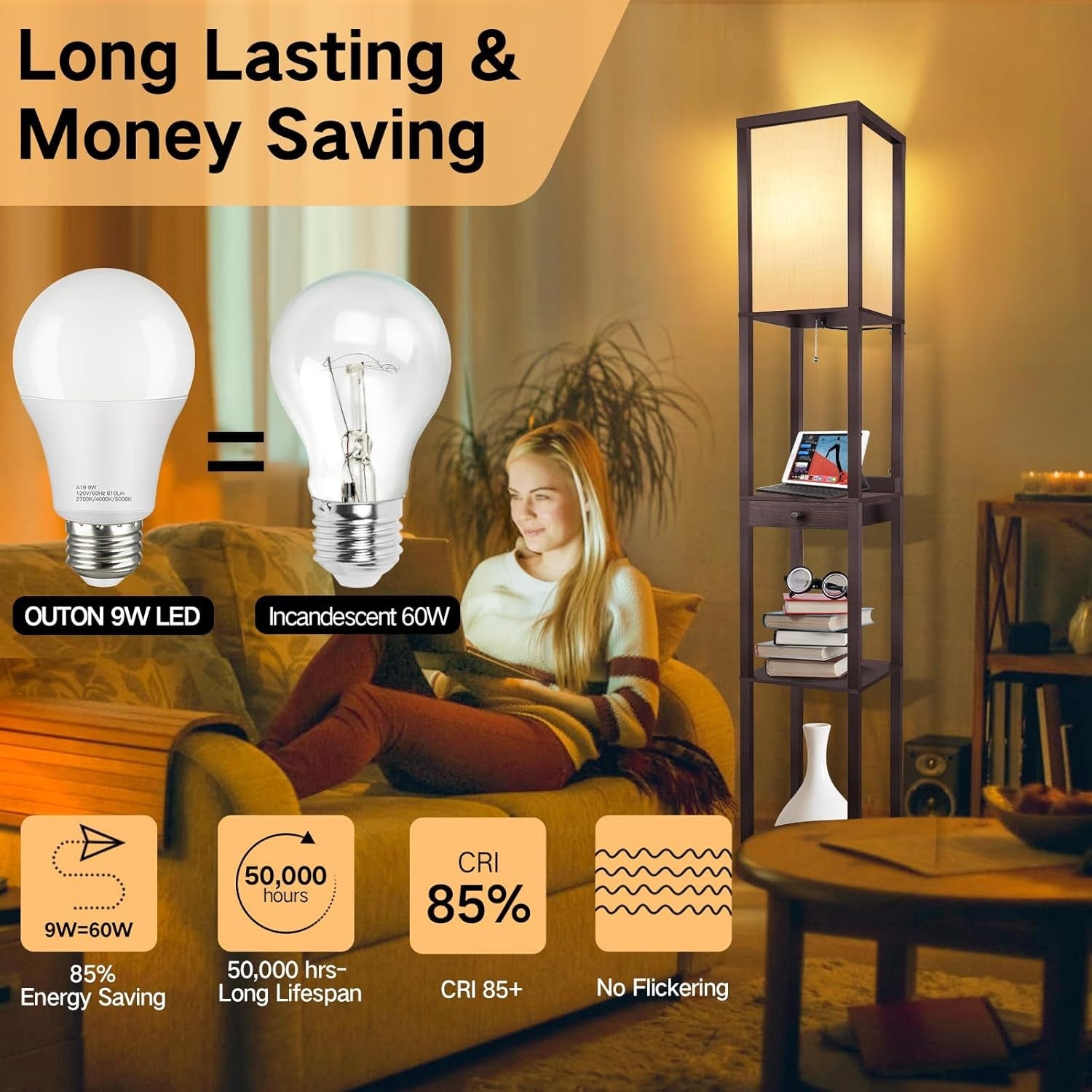 Floor Lamp with Shelves Drawer USB C LED Wooden Standing Storage Light