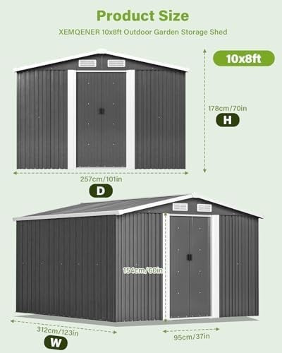 Lockable 10x8 FT Metal Garden Shed with Base Outdoor Storage & Roof