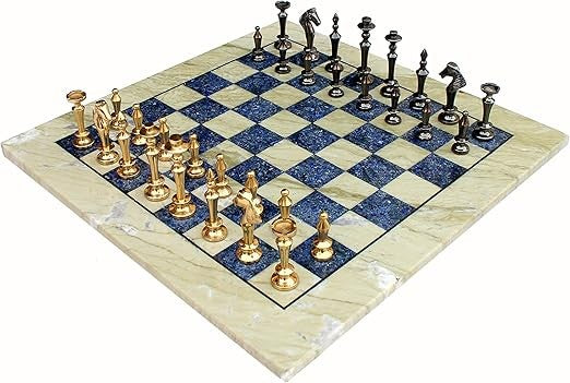 15" Australian Marble & Lapis Lazuli Chess Set – Luxury Board + Brass Pieces