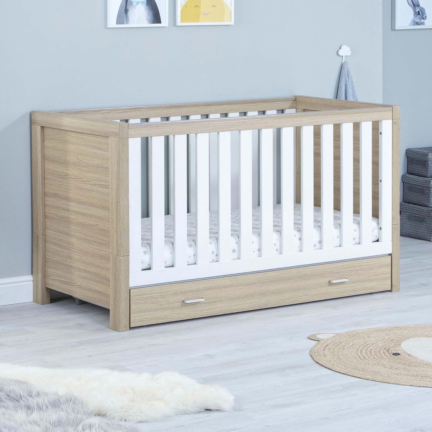 Convertible Baby Cot Bed with Drawer Toddler Bed Adjustable Height Oak White