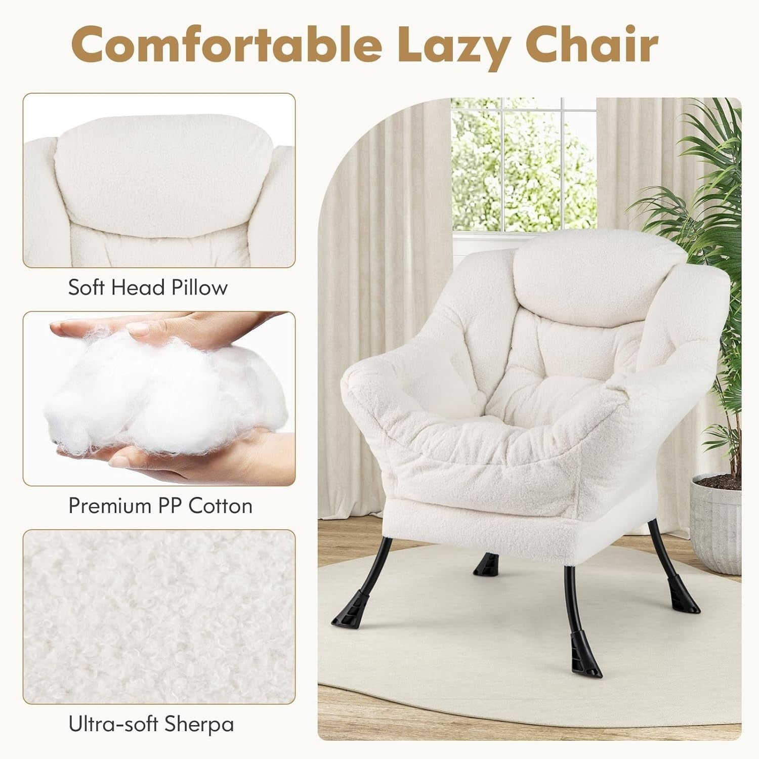 Beige Sherpa Armchair w/ Footstool Comfy Reading Chair Sofa Lounge Seat