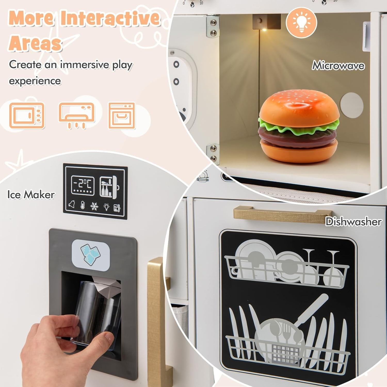 Kids Wooden Play Kitchen w/ Chalkboard Ice Maker White Toy